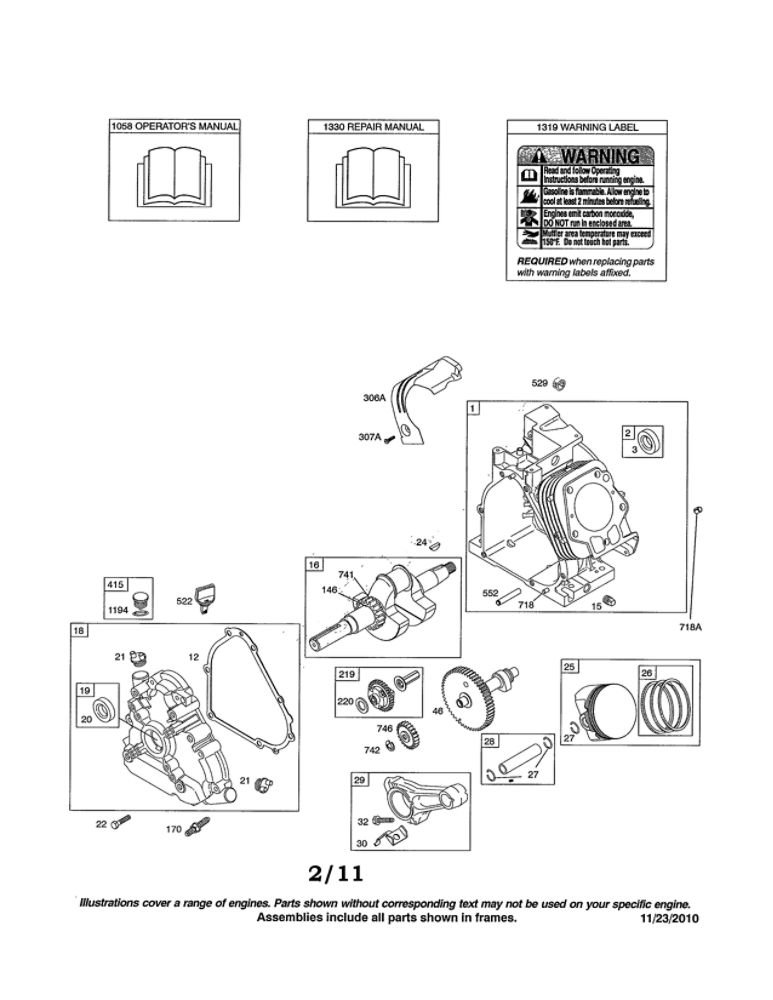 Crankshaft/Cylinder/Crankcase Diagram and Parts List for 21T200 0110-0116 Briggs and Stratton Engine